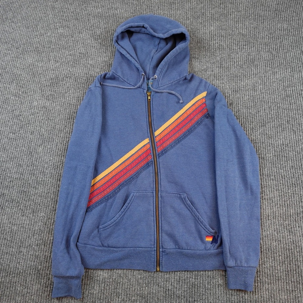 Aviator Nation Disco Hoodie Womens Small Blue Full Zip Retro Rainbow Stripe